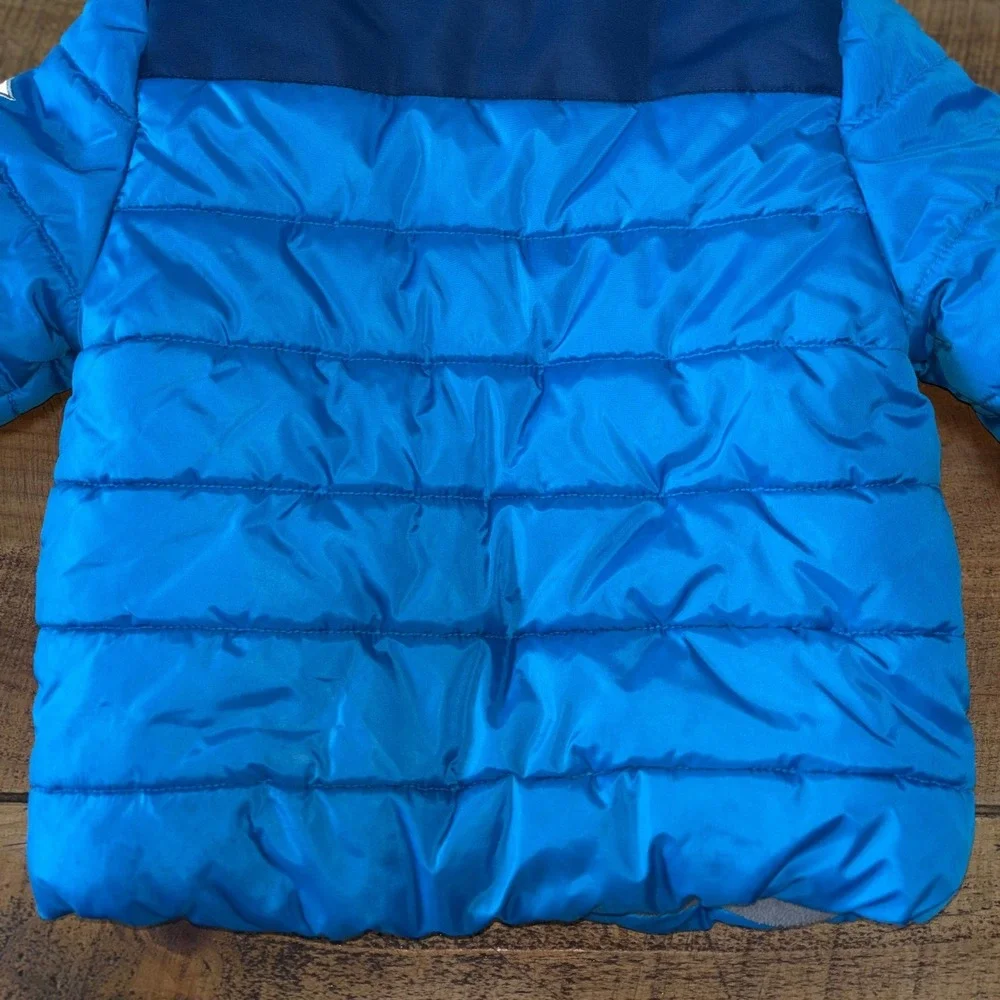 Disney Mickey Mouse Kids Blue Puffer Coat Patches Full Zip Hooded Size 4